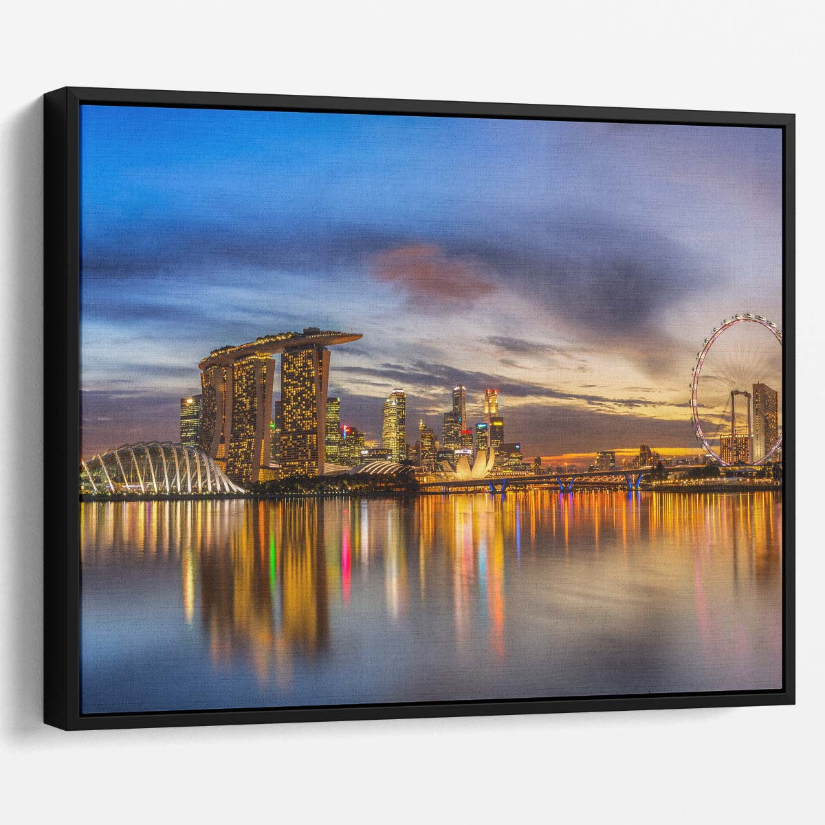 Golden Glow Singapore Skyline Sunset Panorama Wall Art by Luxuriance Designs. Made in USA.