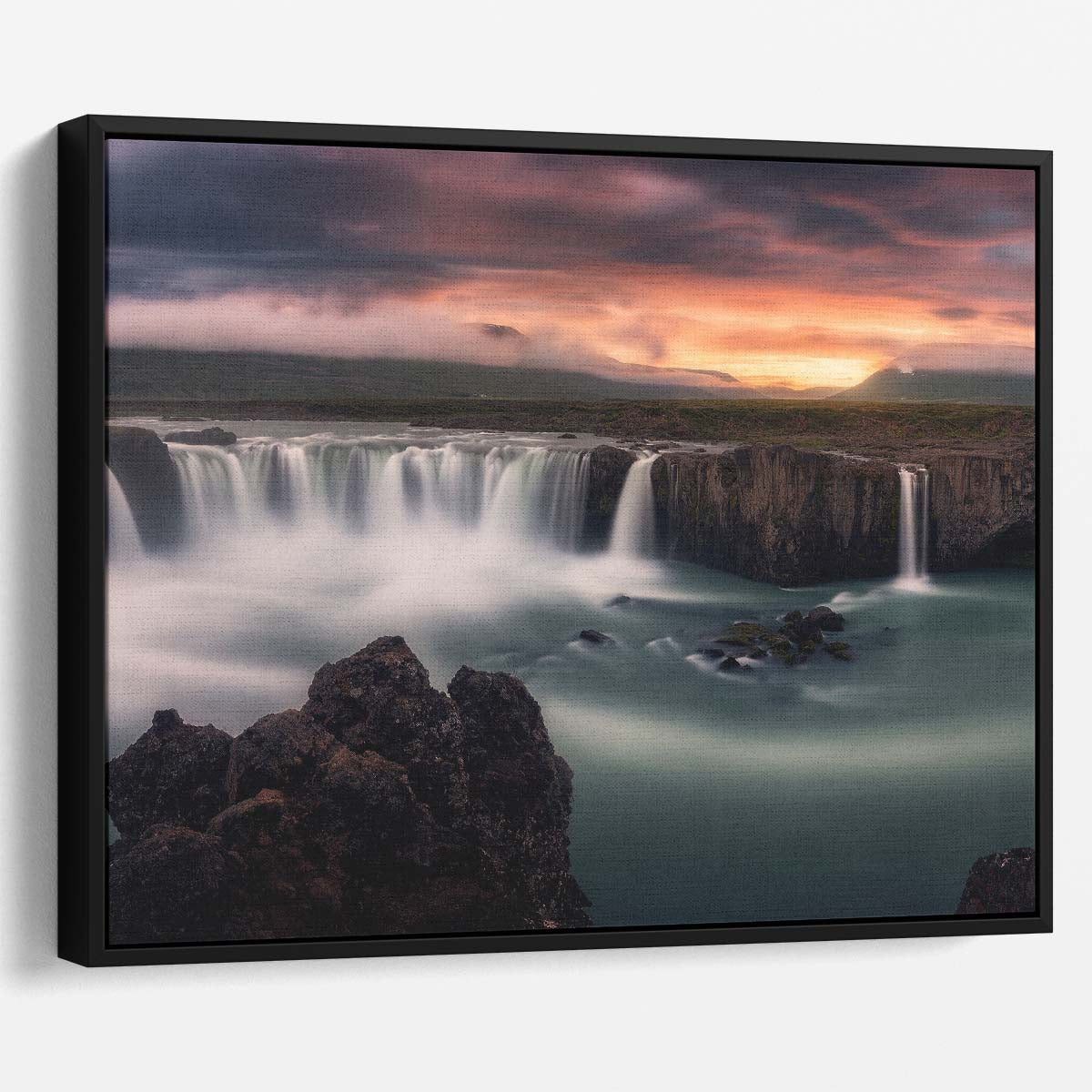 Icelandic Godafoss Waterfall Sunset Panorama - Majestic Landscape Photography Wall Art