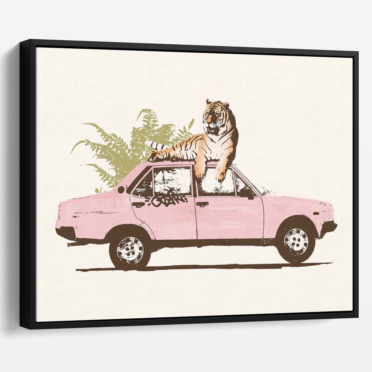 Tiger on Car Illustration Bright, Leafy Automobile Art Wall Art