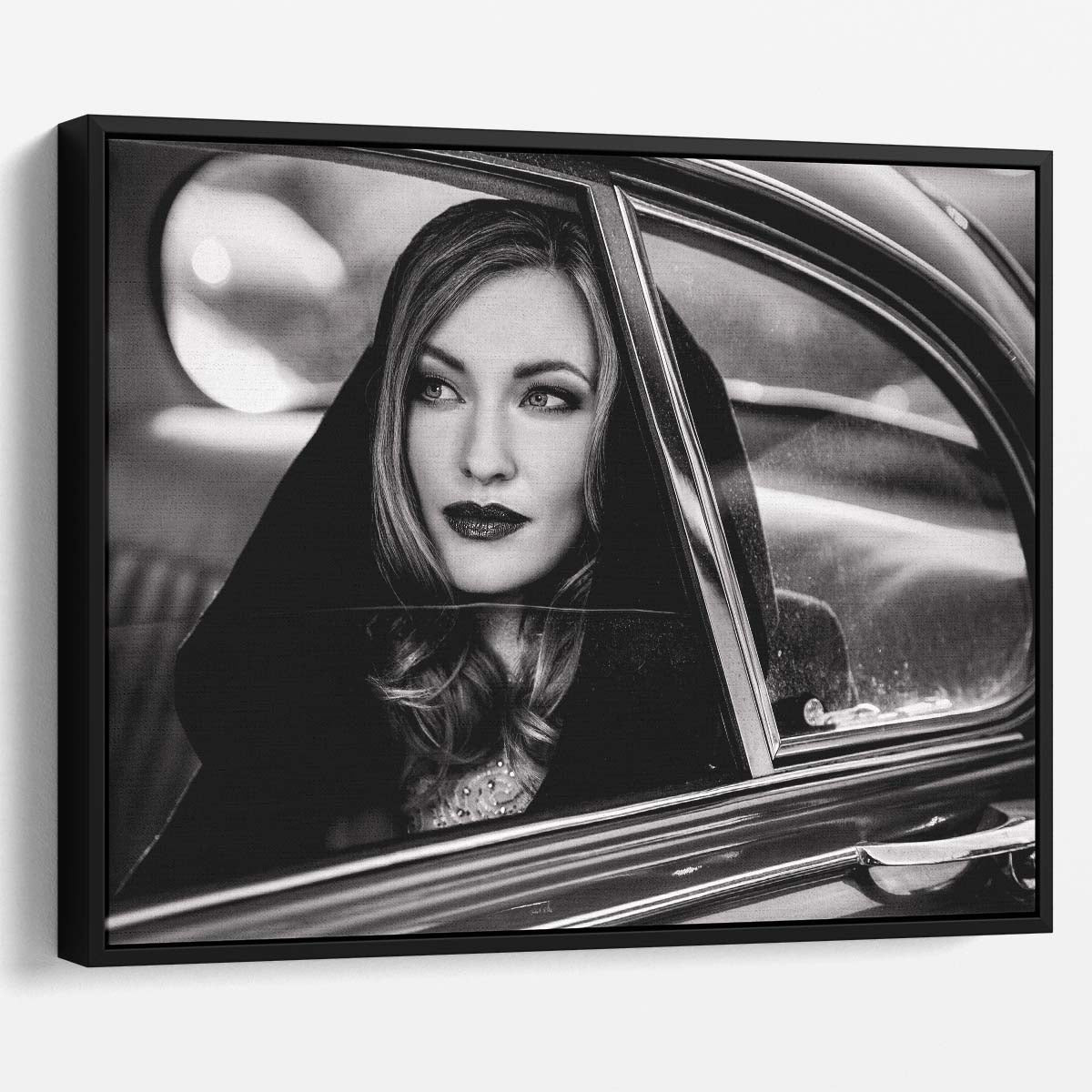 Vintage Woman in Classic Car Monochrome Portrait Photography Wall Art