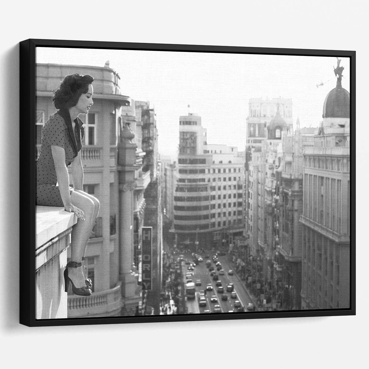 Vintage Madrid Rooftop View Woman in Monochrome Wall Art