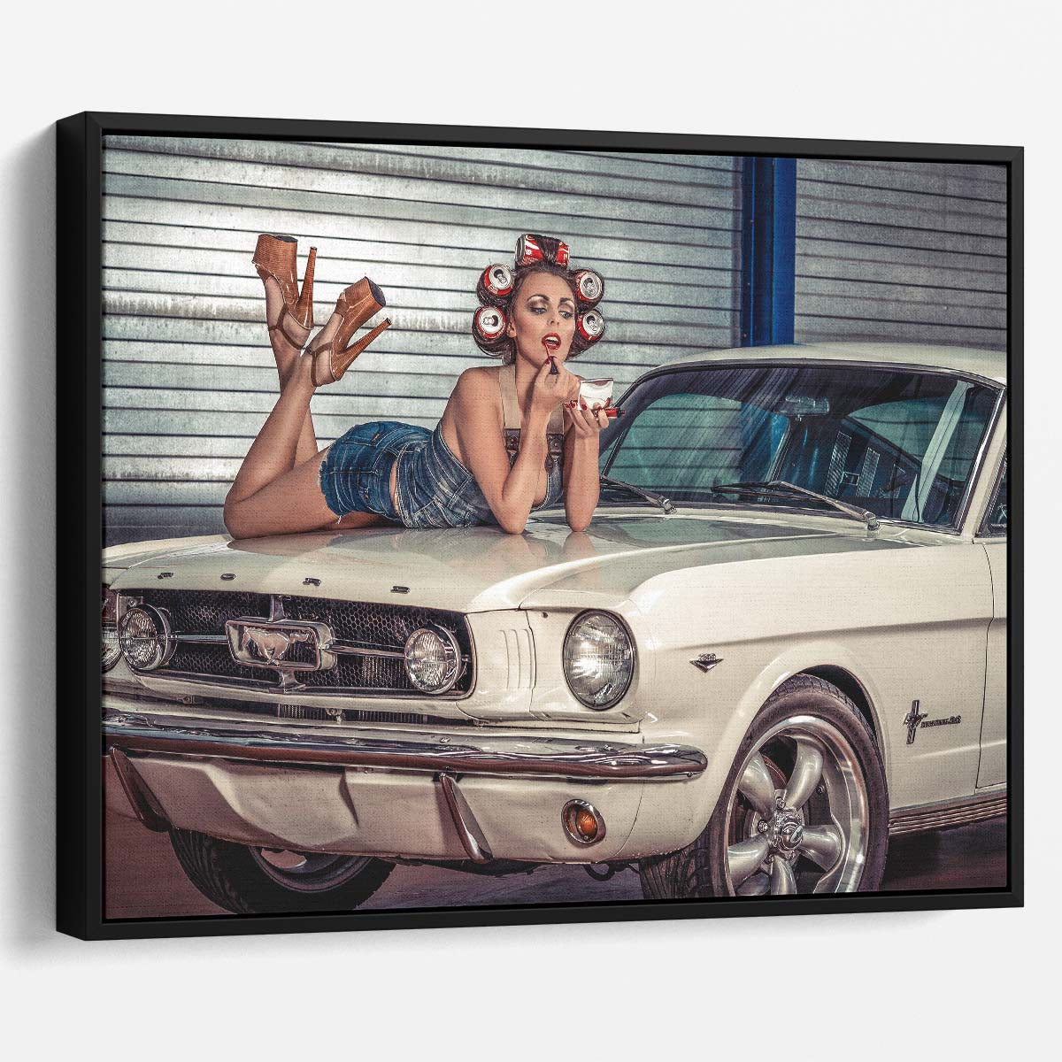 Vintage Pin-Up Girl on Classic Mustang Photography Wall Art