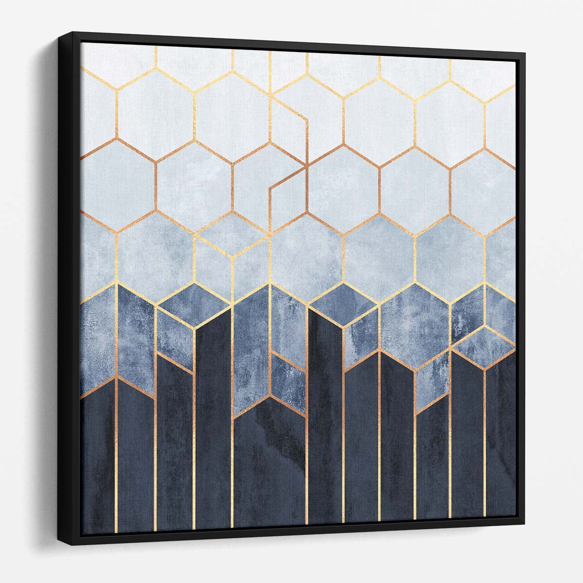 Blue and Gold Geometric Hexagon Abstract Wall Art Print by Luxuriance Designs. Made in USA.