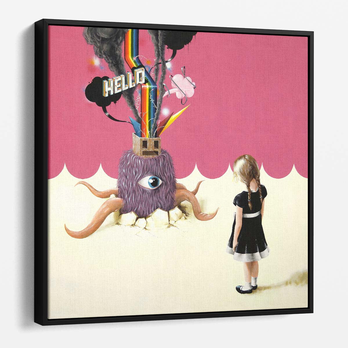 Surreal Colorful Illustration of Little Girl & Monster Wall Art by Luxuriance Designs. Made in USA.