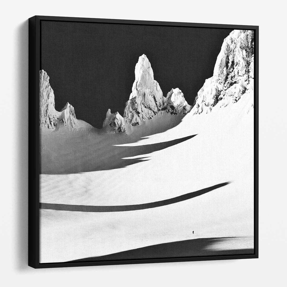Monochrome Skier's Adventure in Snowy Mountain Landscape Wall Art by Luxuriance Designs. Made in USA.