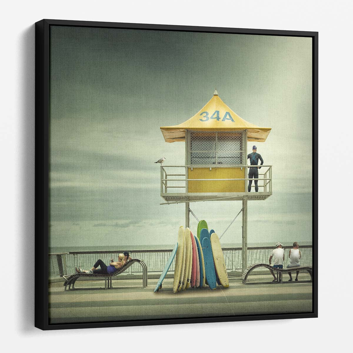 Cityscape and Surf Lifeguard Tower Beach Photography Wall Art by Luxuriance Designs. Made in USA.