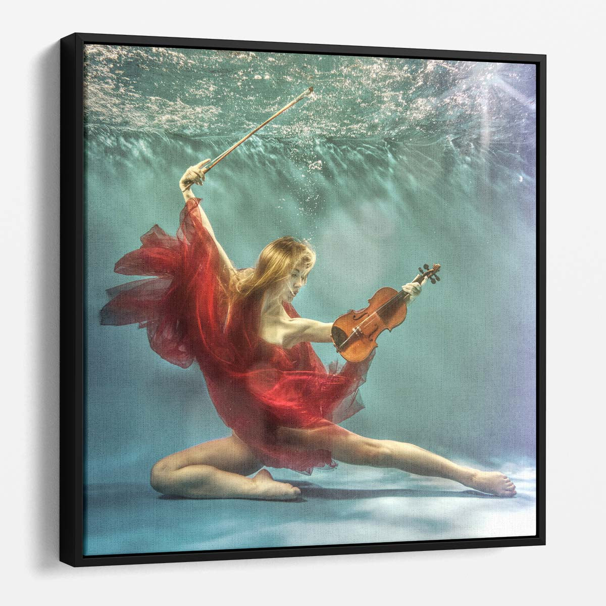 Enchanting Underwater Violinist Performance Romantic Art Photography Wall Art by Luxuriance Designs. Made in USA.