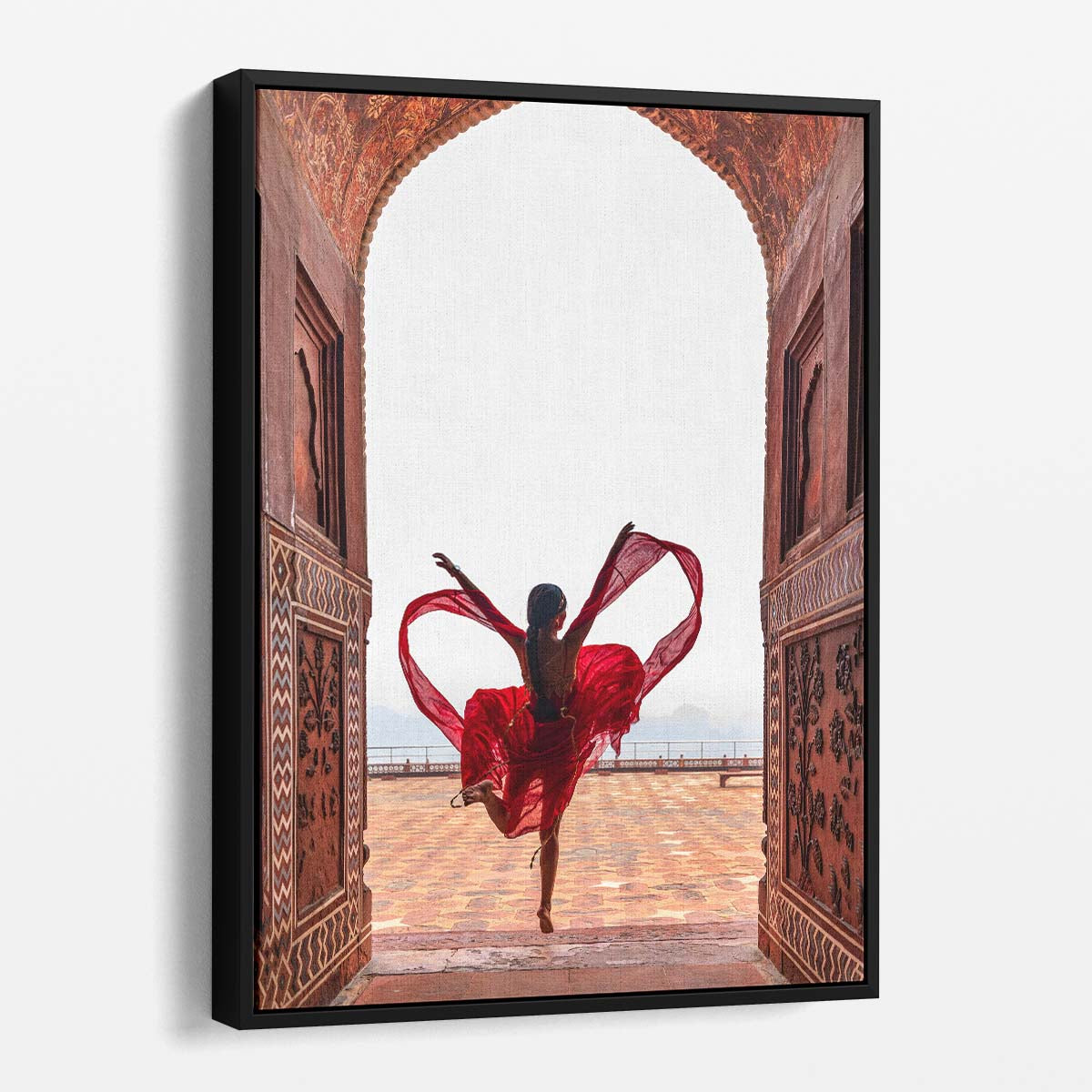 Romantic Leap at Taj Mahal Creative Photography of Couple in Red by Luxuriance Designs, made in USA