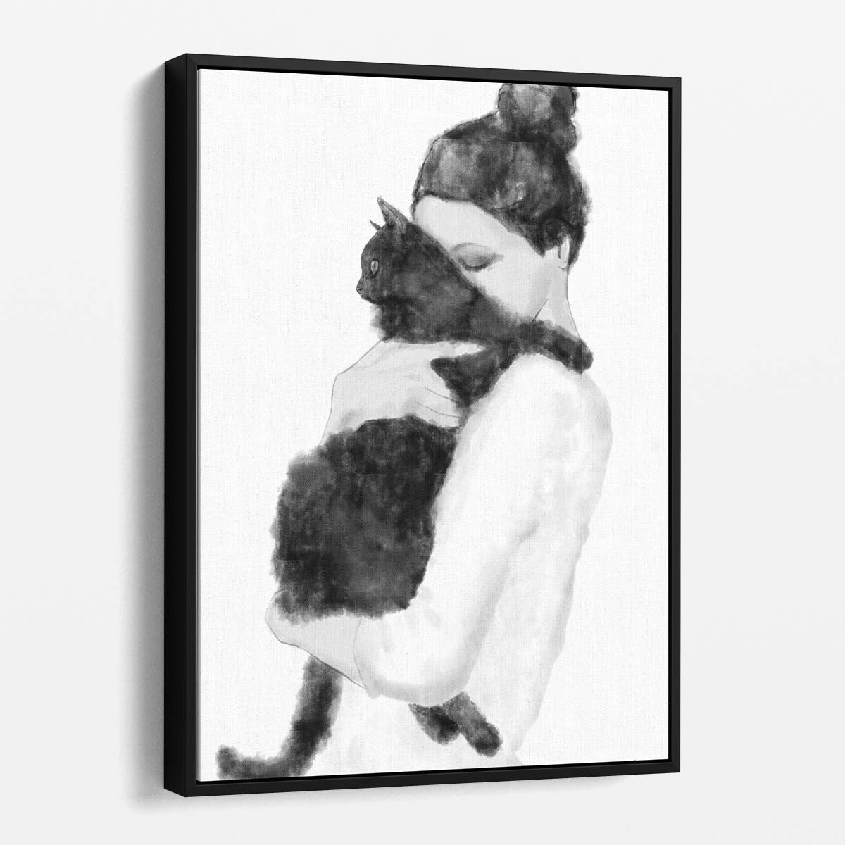 Romantic Watercolor Illustration of Woman Embracing Cat, Monochrome by Luxuriance Designs, made in USA