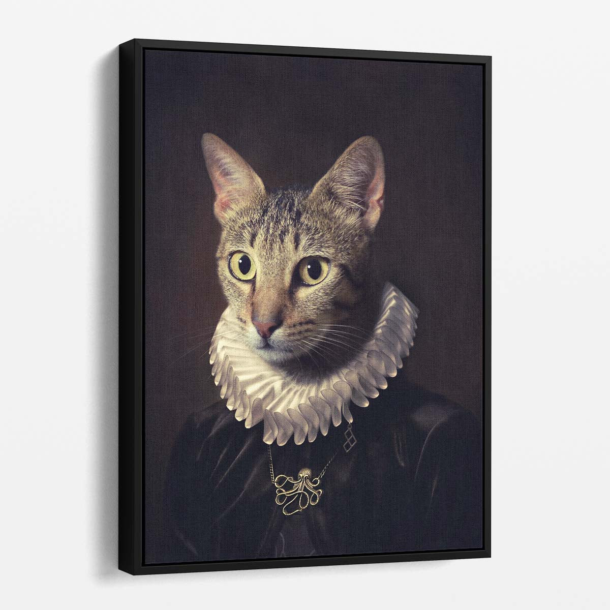 Vintage Renaissance Cat Portrait Photography, Animal Face with Necklace by Luxuriance Designs, made in USA