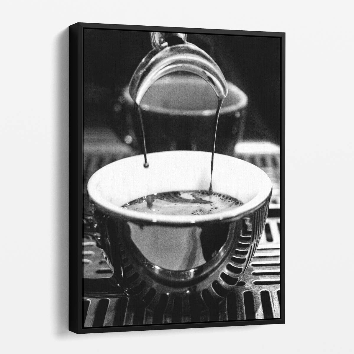 Monochrome Still Life Photography of Espresso Dripping in Café Mug by Luxuriance Designs, made in USA