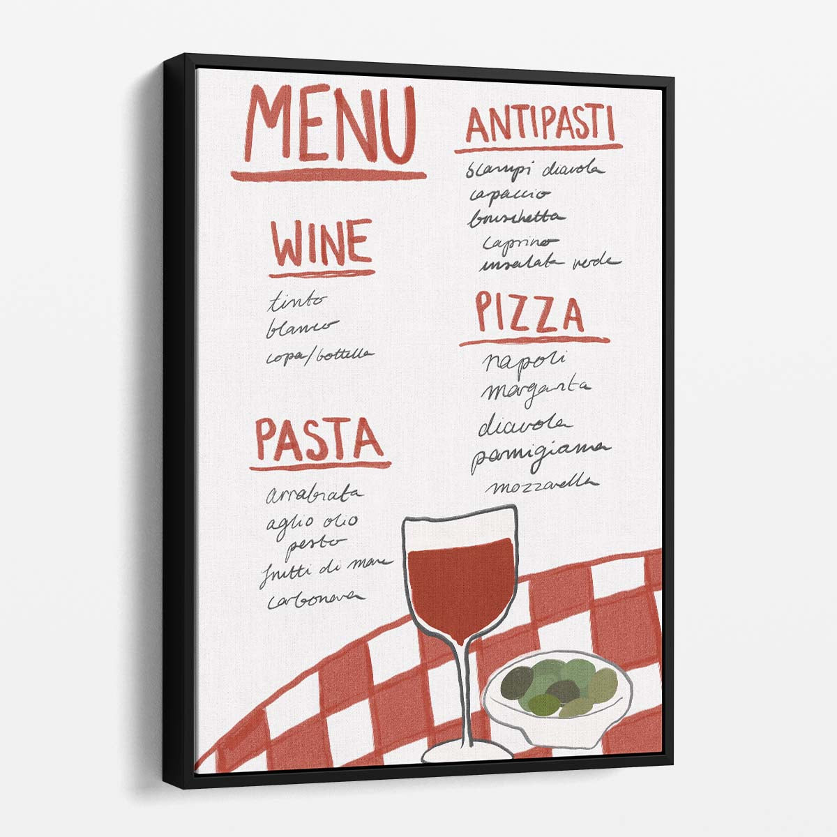 Bright Italian Restaurant Menu Illustration with Wine & Pizza by Luxuriance Designs, made in USA