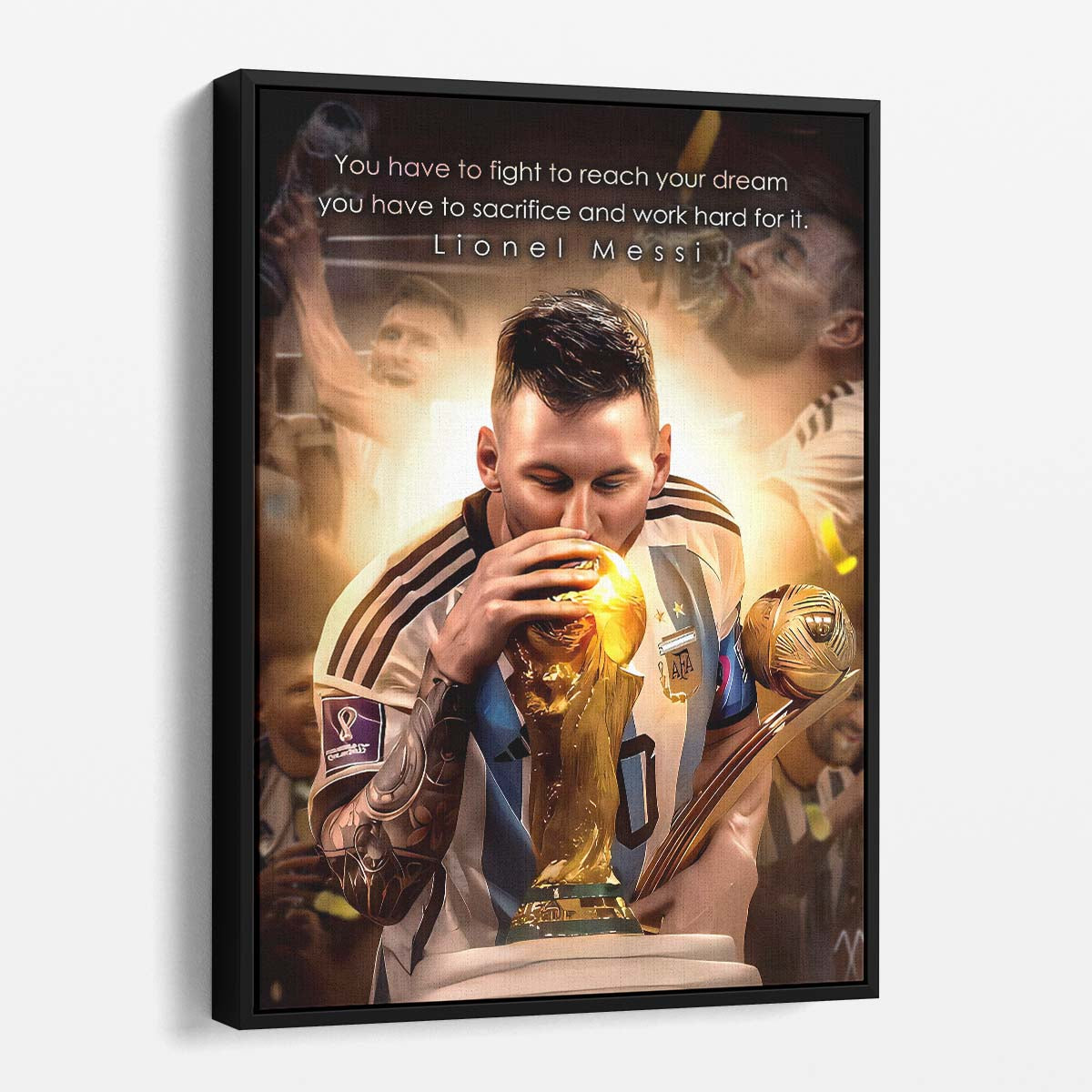 Leo Messi Kissing World Cup Trophy Wall Art by Luxuriance Designs. Made in USA.