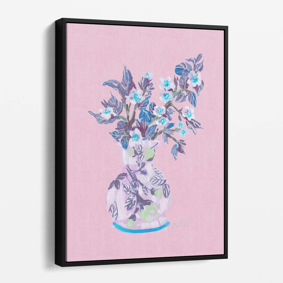 Bright Pink Apple Blossom Botanical Illustration in Neon Blue Vase by Luxuriance Designs, made in USA