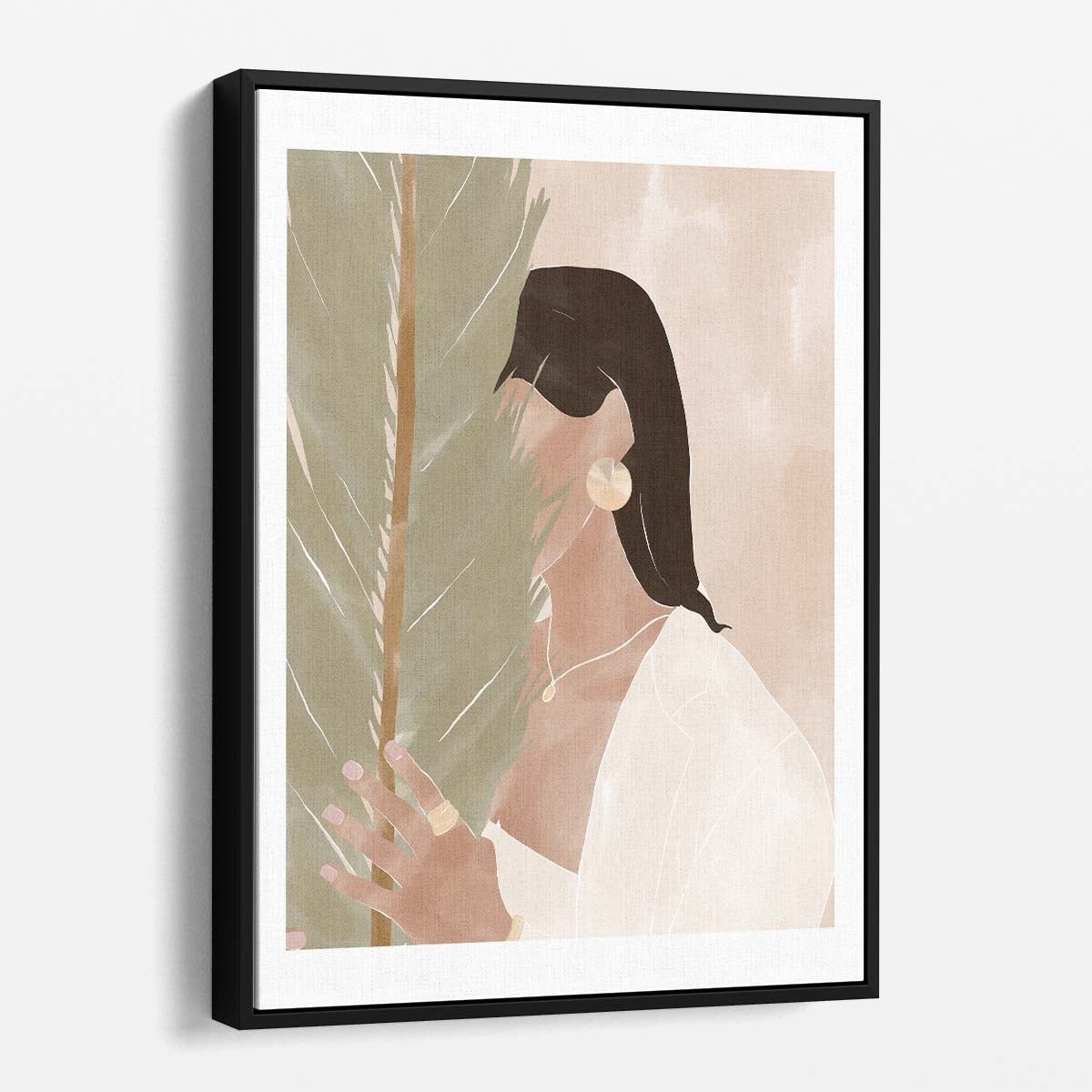 Botanical Boho Girl Portrait, Brunette with Plant Illustration Artwork by Luxuriance Designs, made in USA