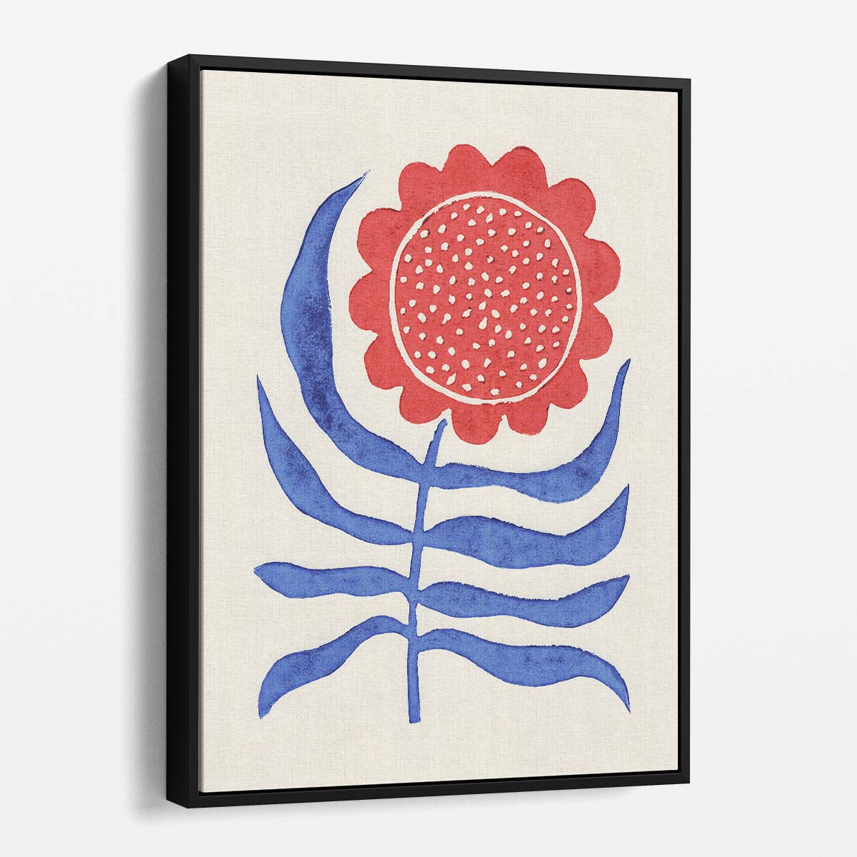 Minimalist Red Flower Blue Leaves Linocut Illustration - Floral Craft Printmaking Art by Luxuriance Designs, made in USA