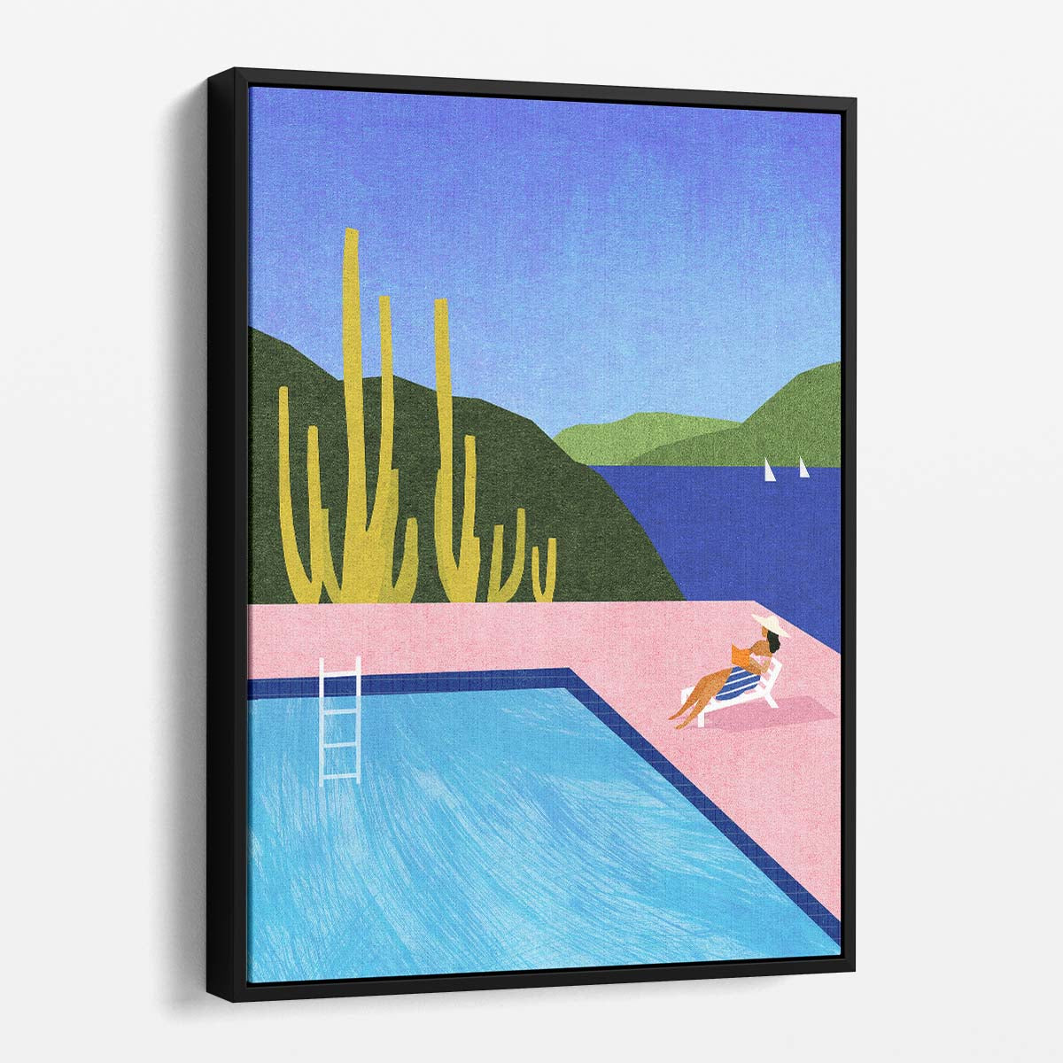 Ibiza Vacation Illustration Woman Chilling in Colorful Pool Landscape by Luxuriance Designs, made in USA