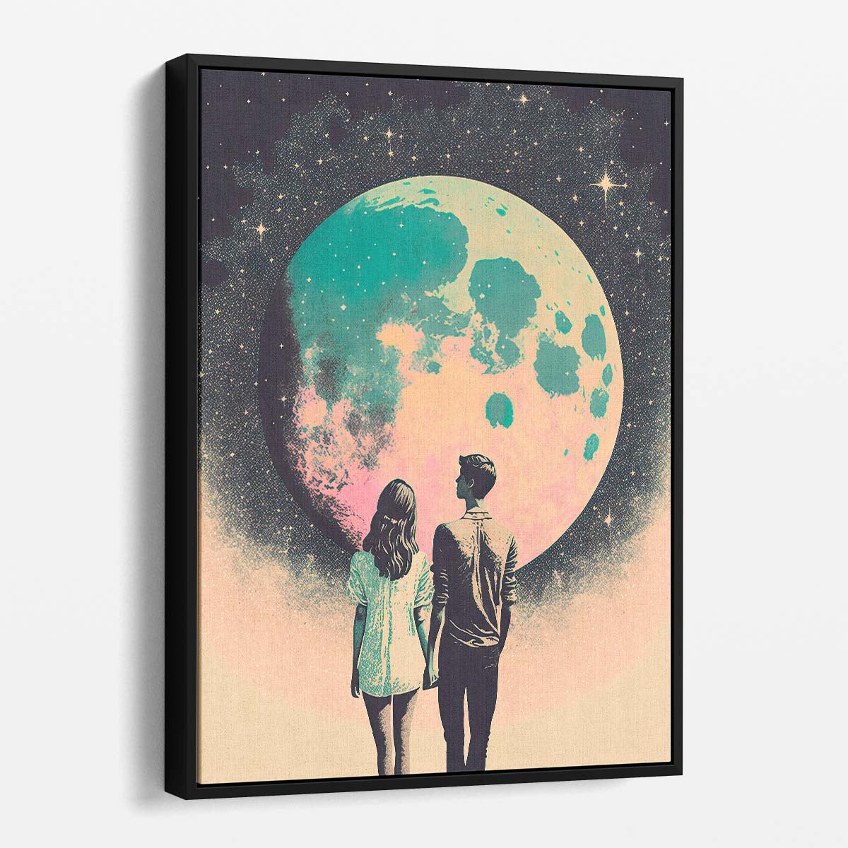 Pastel Moonlit Love Illustration Starry Night Couple Wall Art by Luxuriance Designs, made in USA