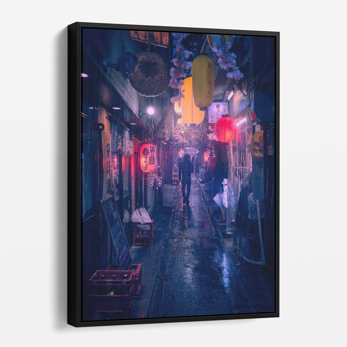 Tokyo Night Rain, Man Walking in Lantern-Lit Alley Photography by Luxuriance Designs, made in USA