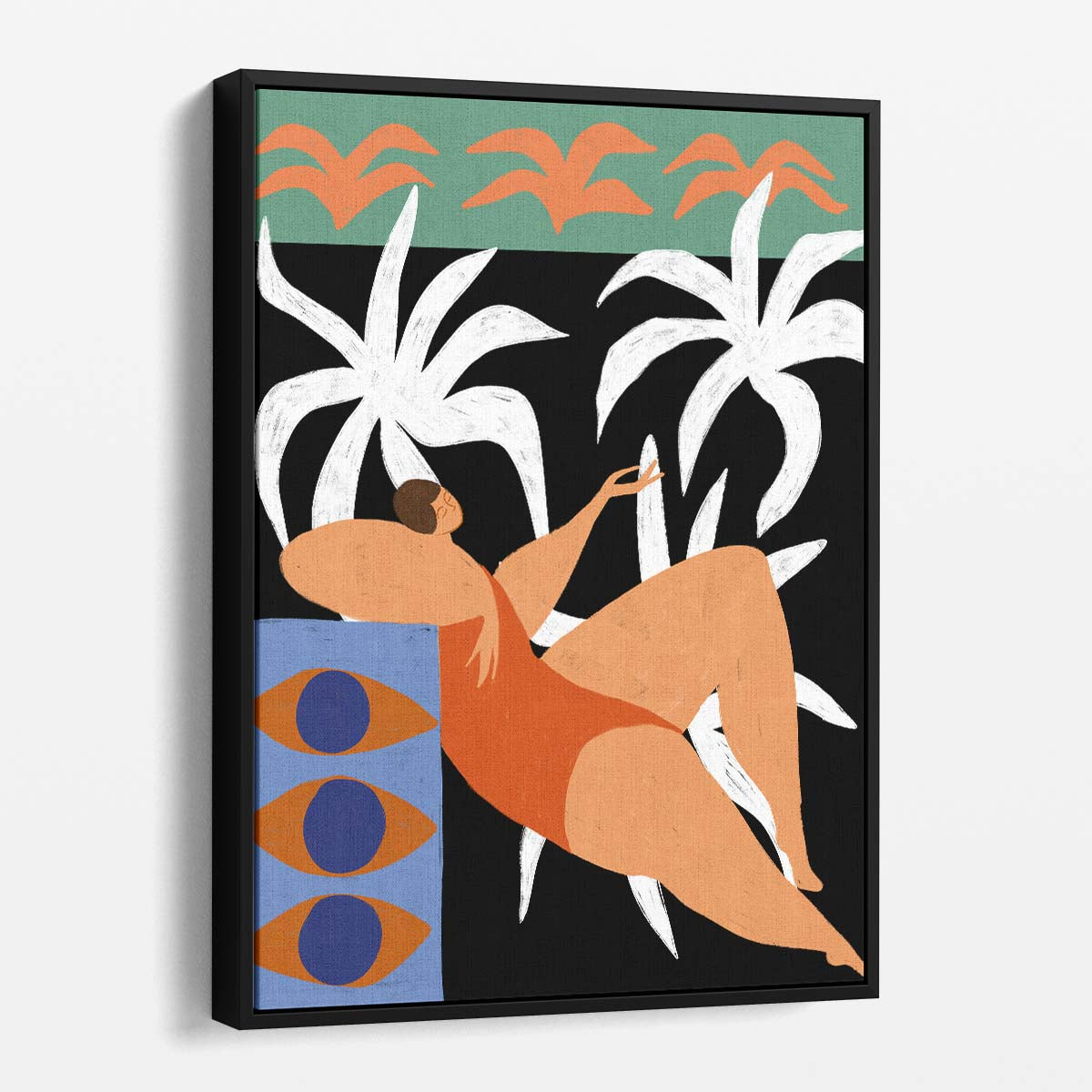 Colorful Abstract Figurative Illustration of Relaxing Woman Amidst Tropical Botanicals by Luxuriance Designs, made in USA
