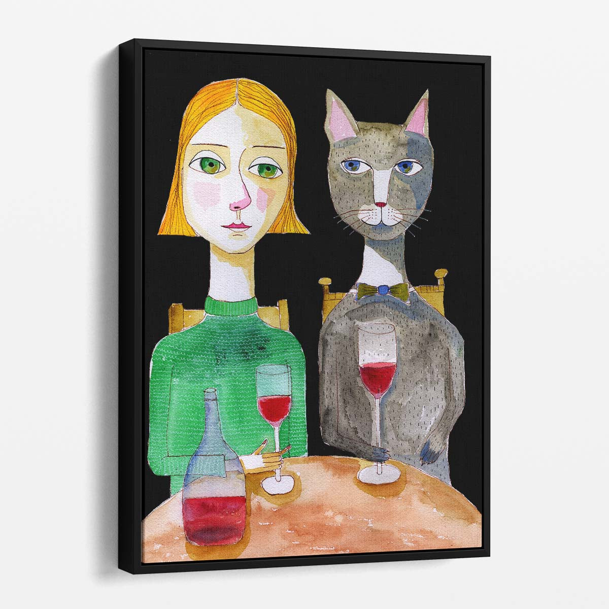 Sharyn Bursic's Illustration of Woman and Cat Enjoying Wine in Bar by Luxuriance Designs, made in USA