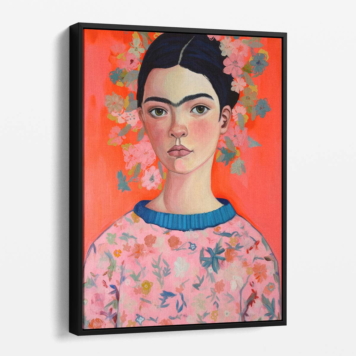 Colorful Young Frida Kahlo Illustration with Big Eyes & Flowers by Luxuriance Designs, made in USA