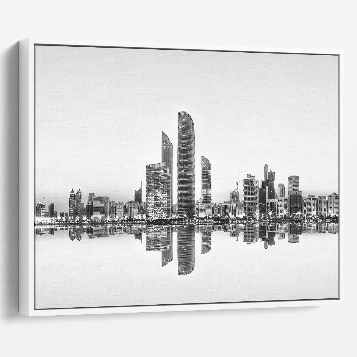 Abu Dhabi Skyline Reflections Monochrome Wall Art by Luxuriance Designs. Made in USA.