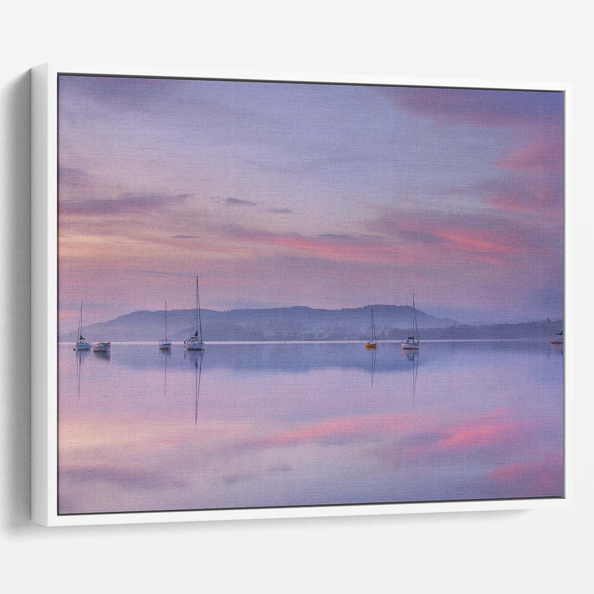 Serene Dawn Seascape Pastel Sailboats Wall Art by Luxuriance Designs. Made in USA.