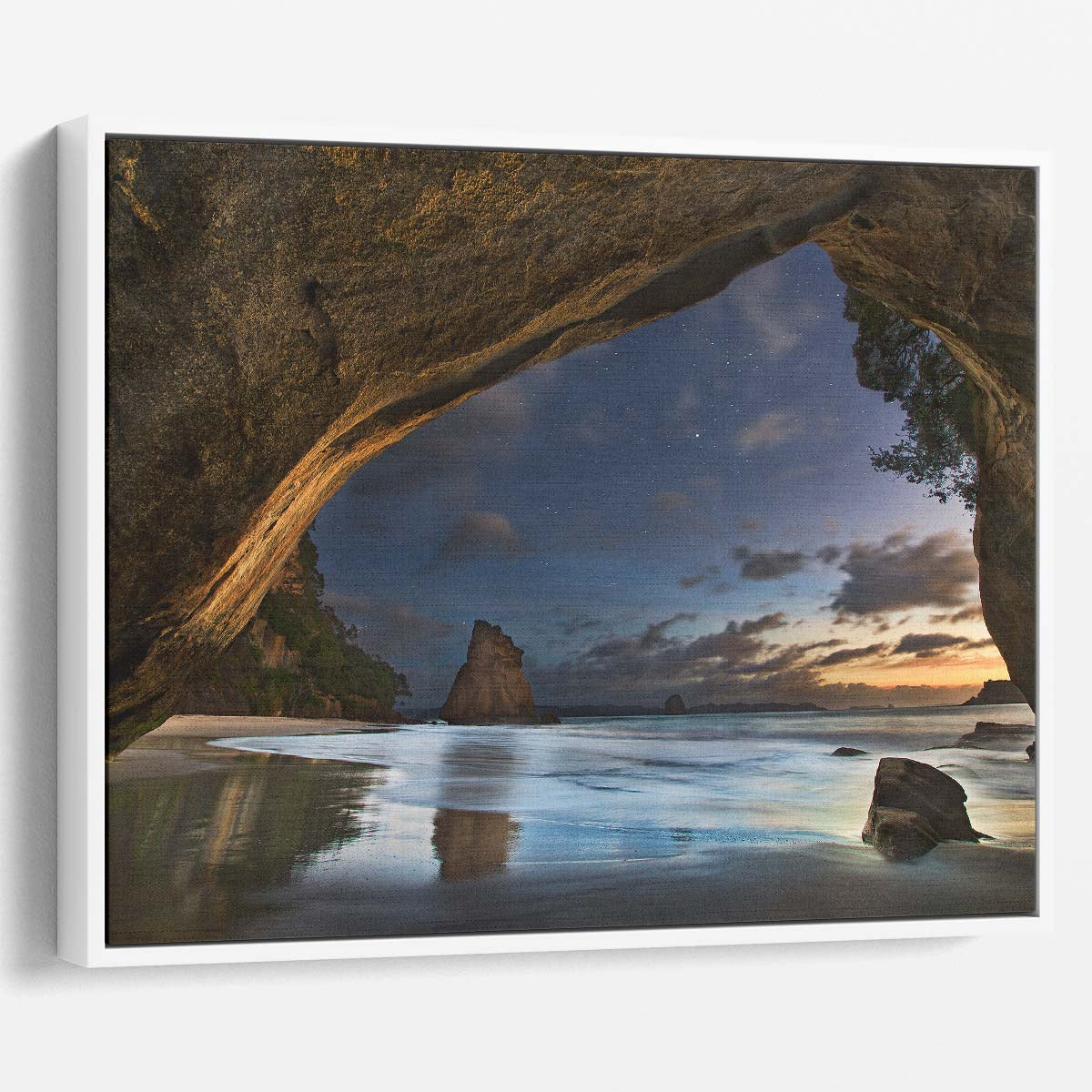 New Zealand Cathedral Cove Sunset Seascape Wall Art by Luxuriance Designs. Made in USA.