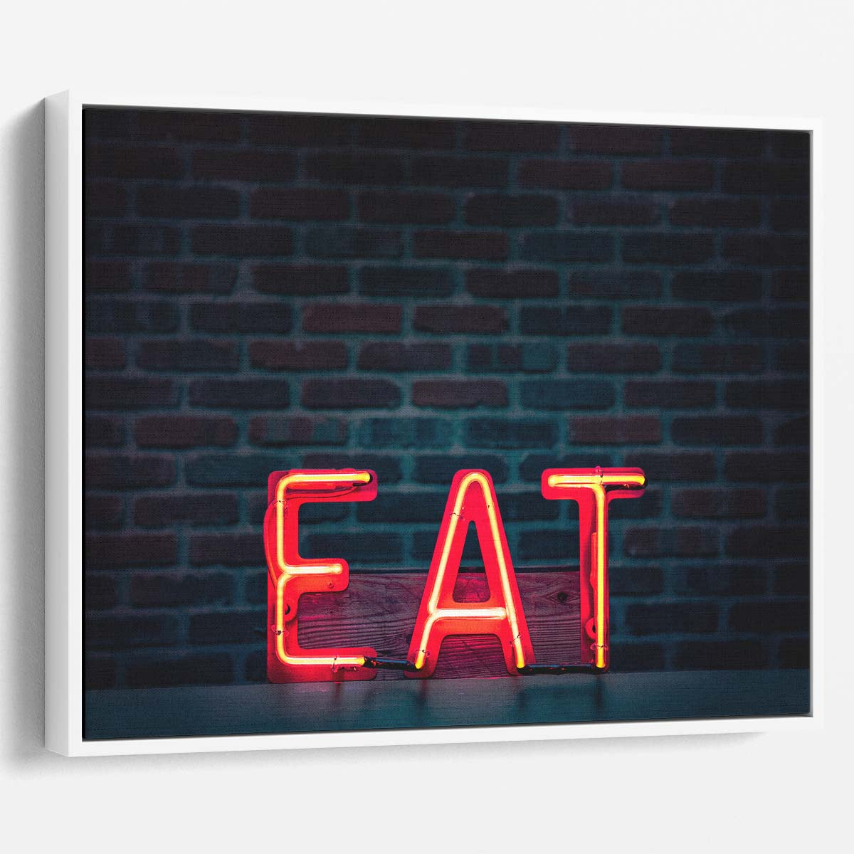 Red Neon 'EAT' Typography Brick Wall Art Sign by Luxuriance Designs. Made in USA.