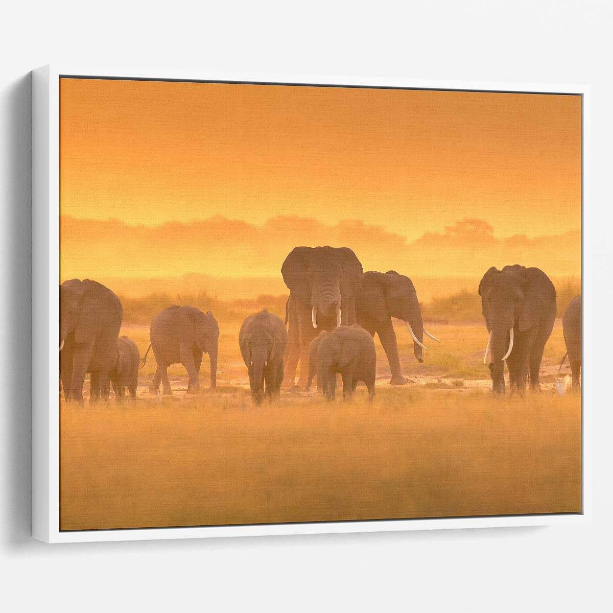 Majestic Amboseli Elephant Herd Sunset Panorama Wall Art by Luxuriance Designs. Made in USA.