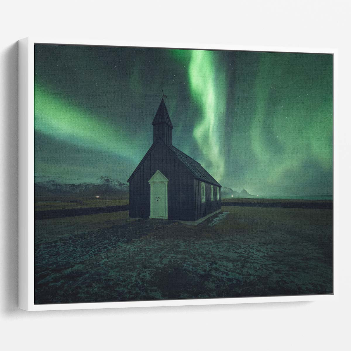 Icelandic Aurora Borealis Church Landscape Wall Art by Luxuriance Designs. Made in USA.