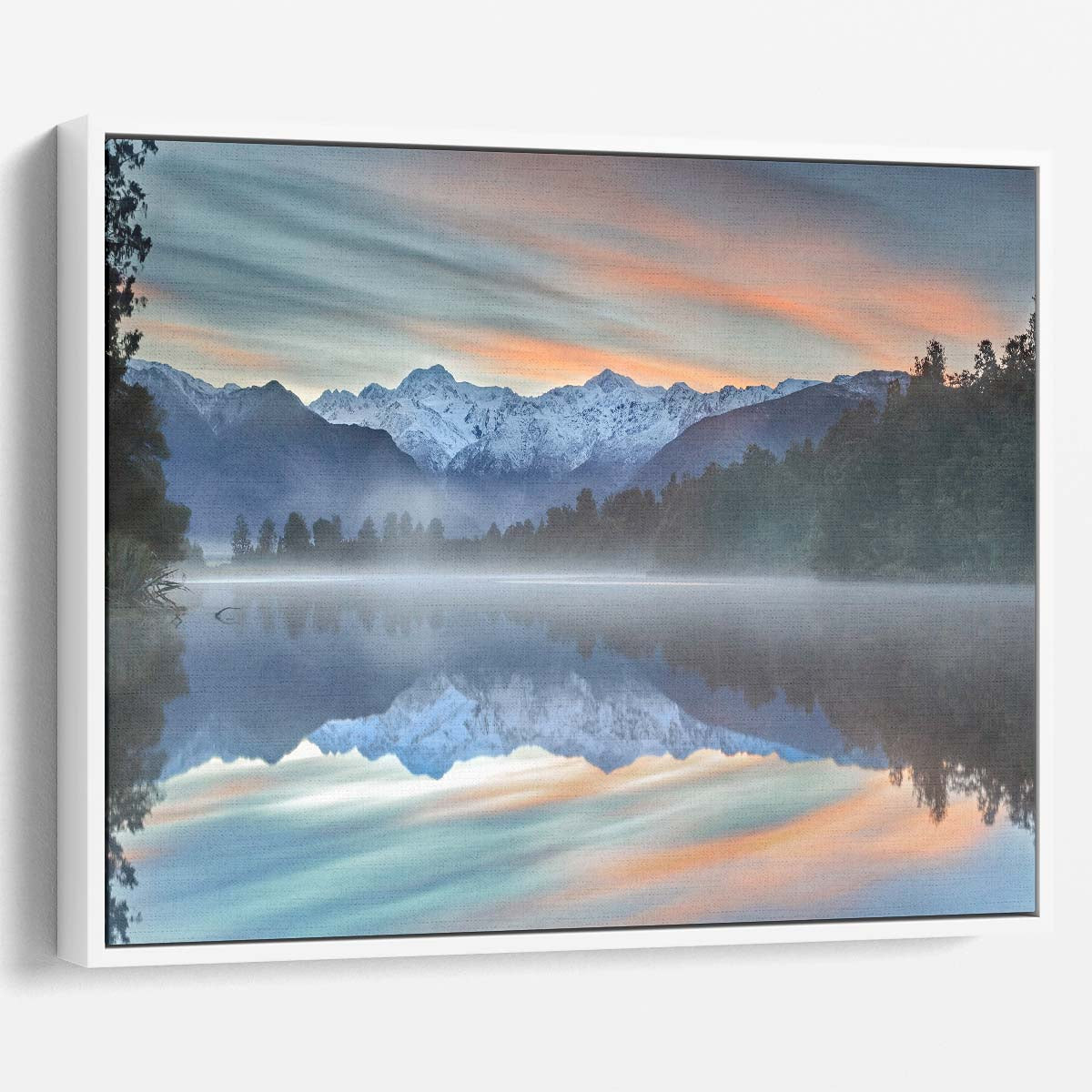 Serene Lake Matheson Reflection Sunrise Wall Art by Luxuriance Designs. Made in USA.