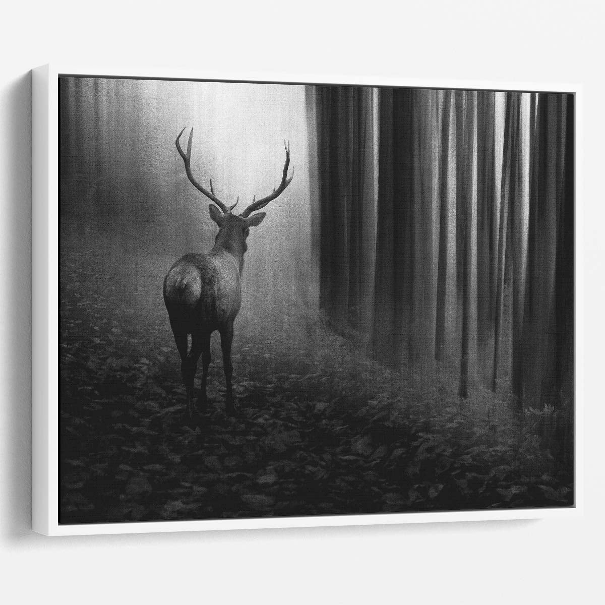 Majestic Stag in Monochrome Forest Landscape Wall Art by Luxuriance Designs. Made in USA.