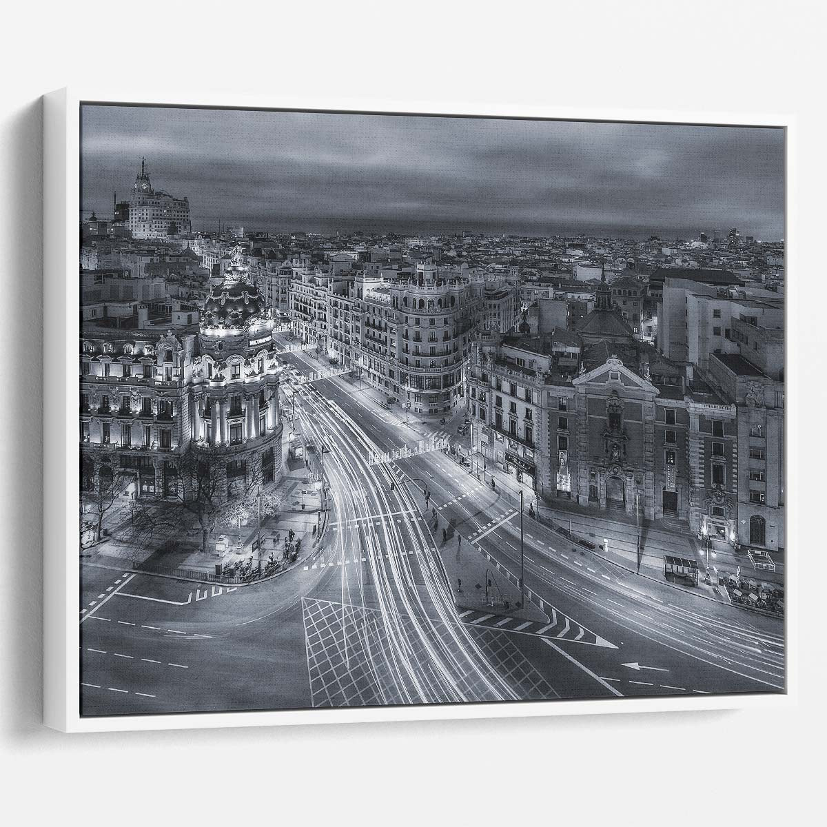 Madrid Nightscape Aerial Black & White Wall Art by Luxuriance Designs. Made in USA.