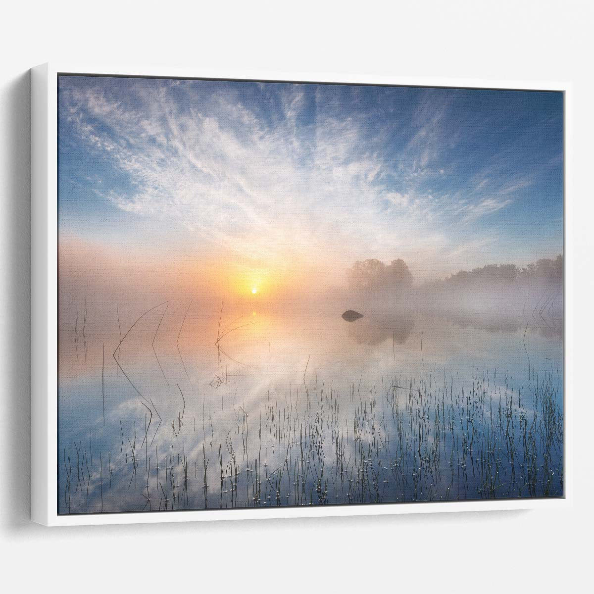 Misty Sunrise Lake Reflection Landscape Wall Art by Luxuriance Designs. Made in USA.