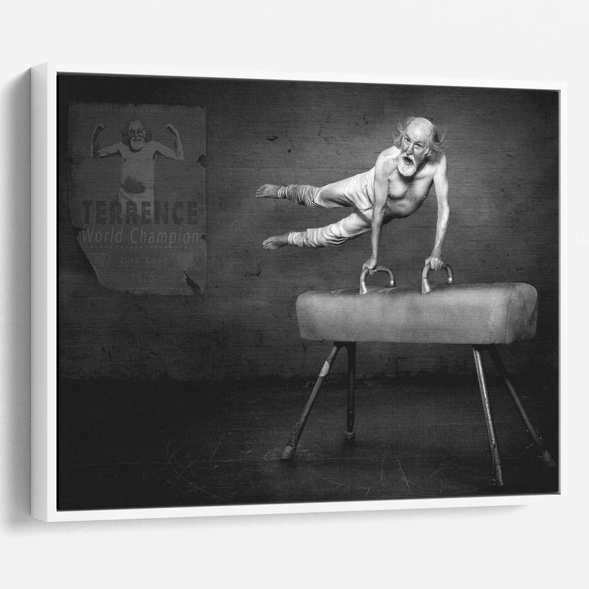 Speedy Senior Gymnast Humorous Monochrome Wall Art by Luxuriance Designs. Made in USA.