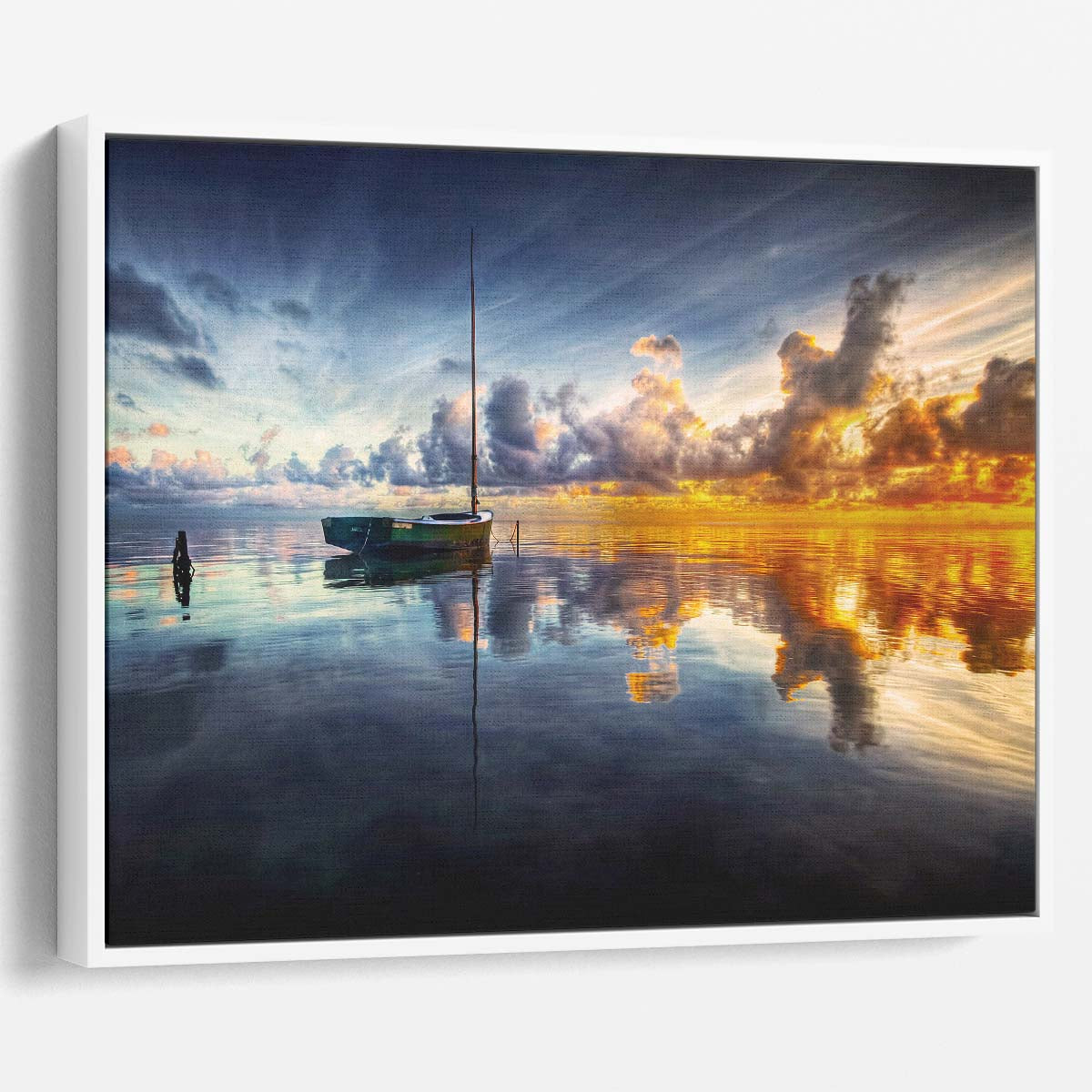 Golden Sunrise Sailboat Reflection Kaneohe Bay Wall Art by Luxuriance Designs. Made in USA.