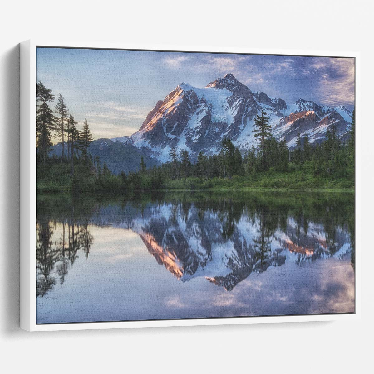 Sunrise Over Snowy Mount Shuksan Reflection Wall Art by Luxuriance Designs. Made in USA.