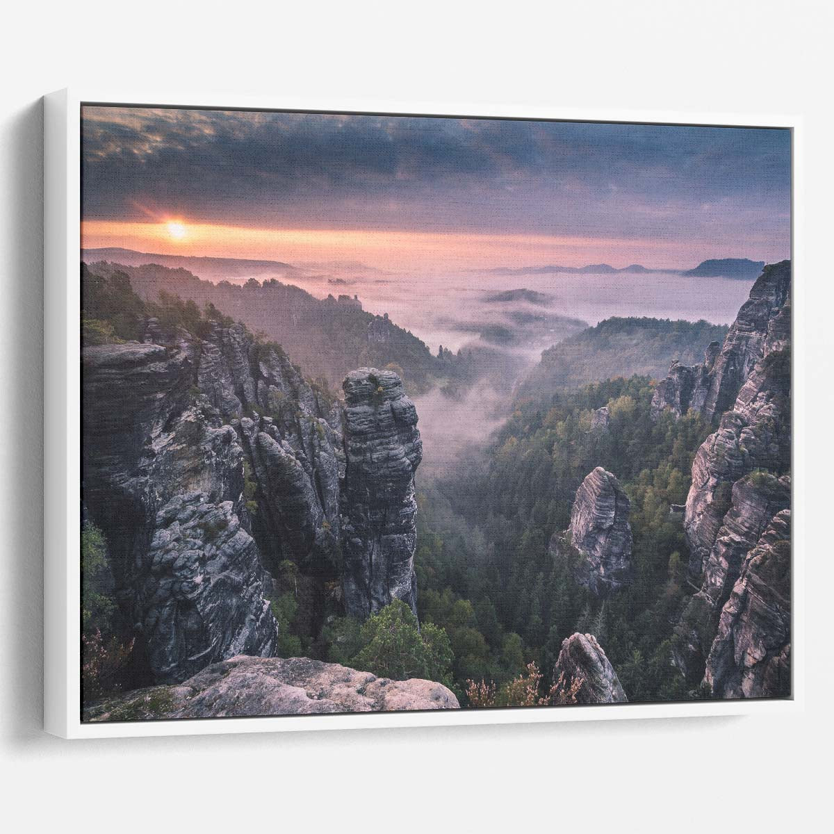 Misty Saxon Switzerland Sunrise Mountain View Wall Art by Luxuriance Designs. Made in USA.