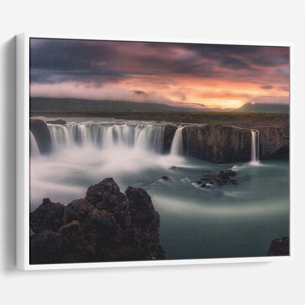 Icelandic Godafoss Waterfall Sunset Panorama - Majestic Landscape Photography Wall Art