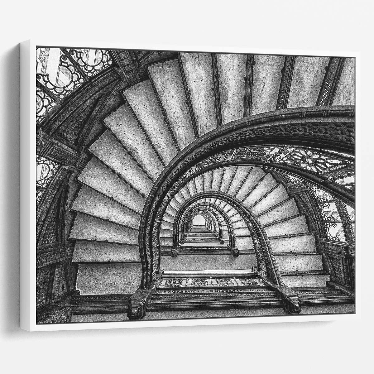 Vintage Chicago Rookery Spiral Stairs Black and White Photography Wall Art