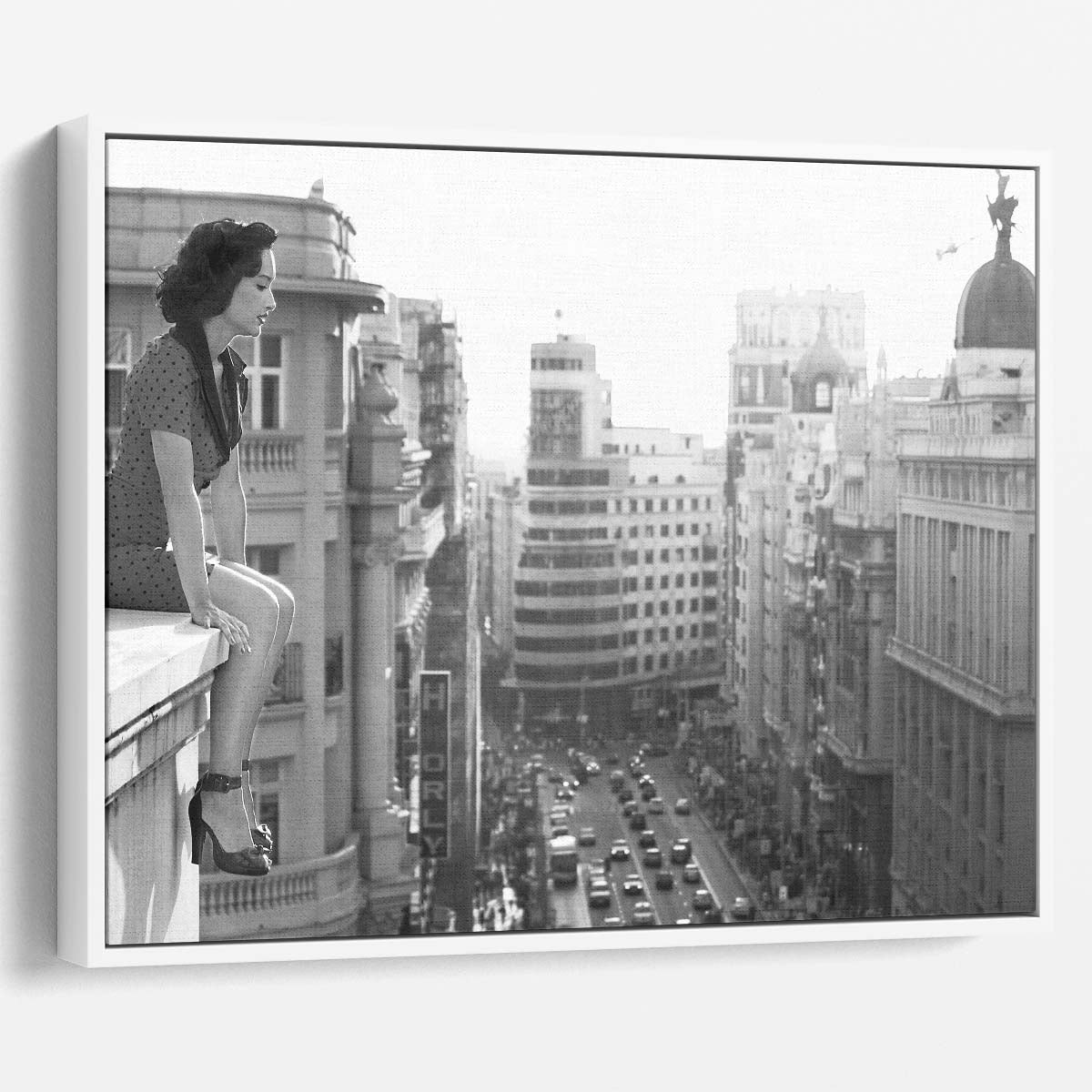 Vintage Madrid Rooftop View Woman in Monochrome Wall Art