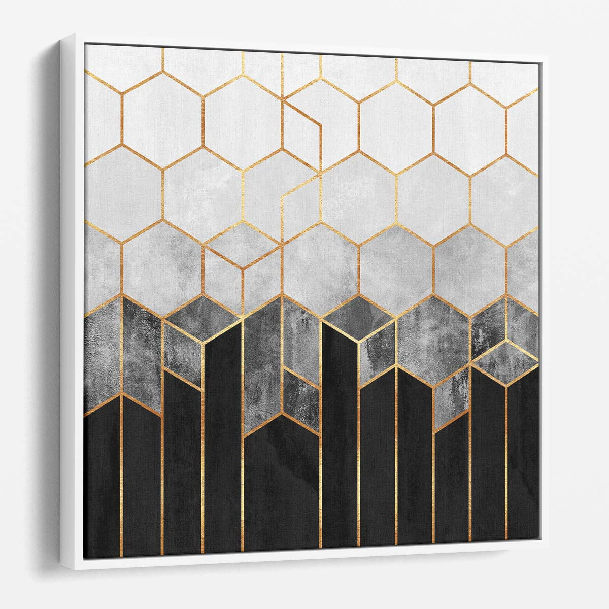 Abstract Geometric Gold & Charcoal Hexagon Illustration Wall Art by Luxuriance Designs. Made in USA.