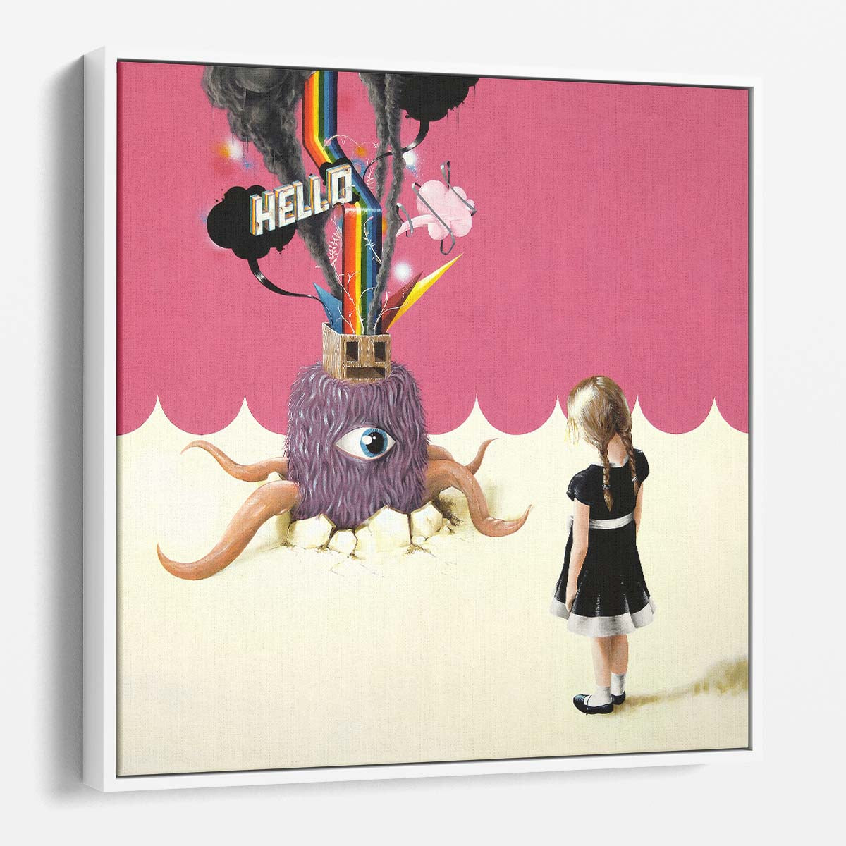 Surreal Colorful Illustration of Little Girl & Monster Wall Art by Luxuriance Designs. Made in USA.