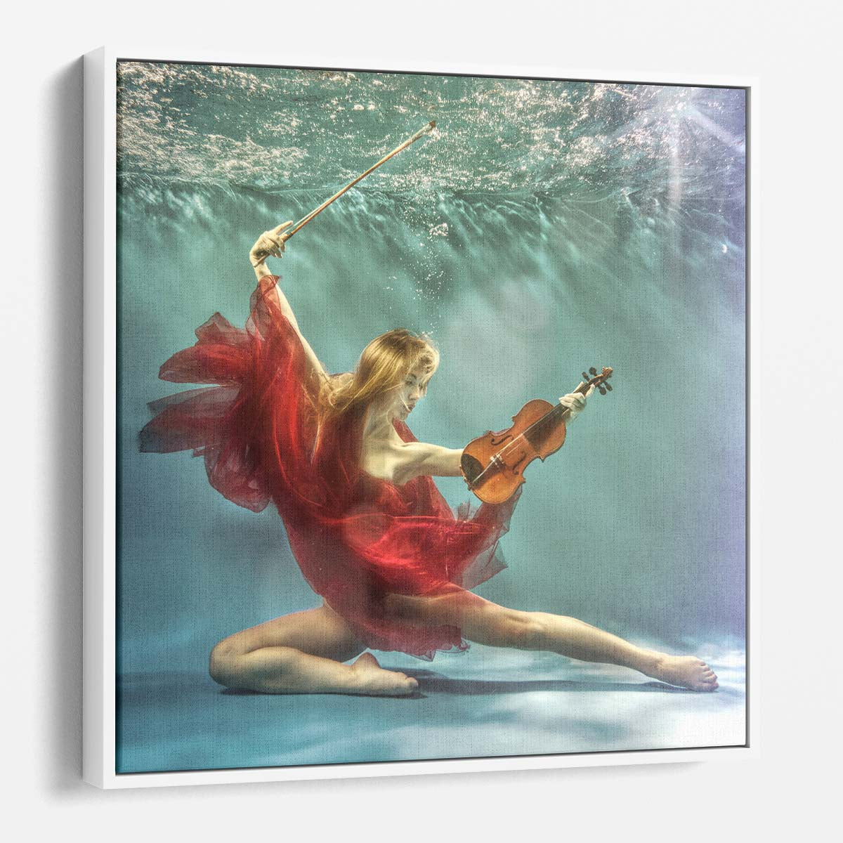 Enchanting Underwater Violinist Performance Romantic Art Photography Wall Art by Luxuriance Designs. Made in USA.