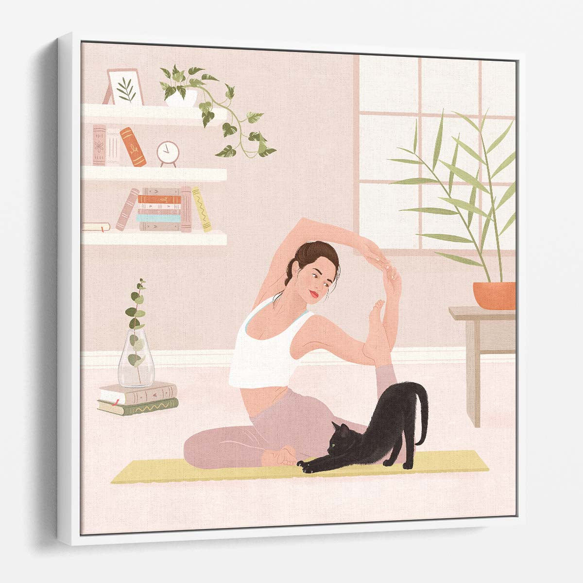 Cat and Plants Mindful Yoga Pose Illustration Wall Art by Luxuriance Designs. Made in USA.