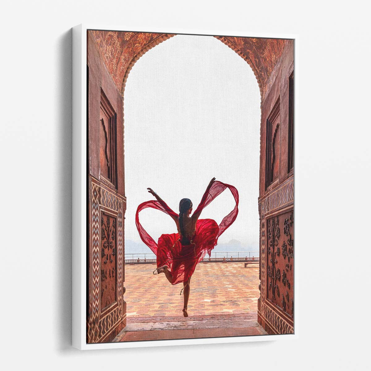 Romantic Leap at Taj Mahal Creative Photography of Couple in Red by Luxuriance Designs, made in USA