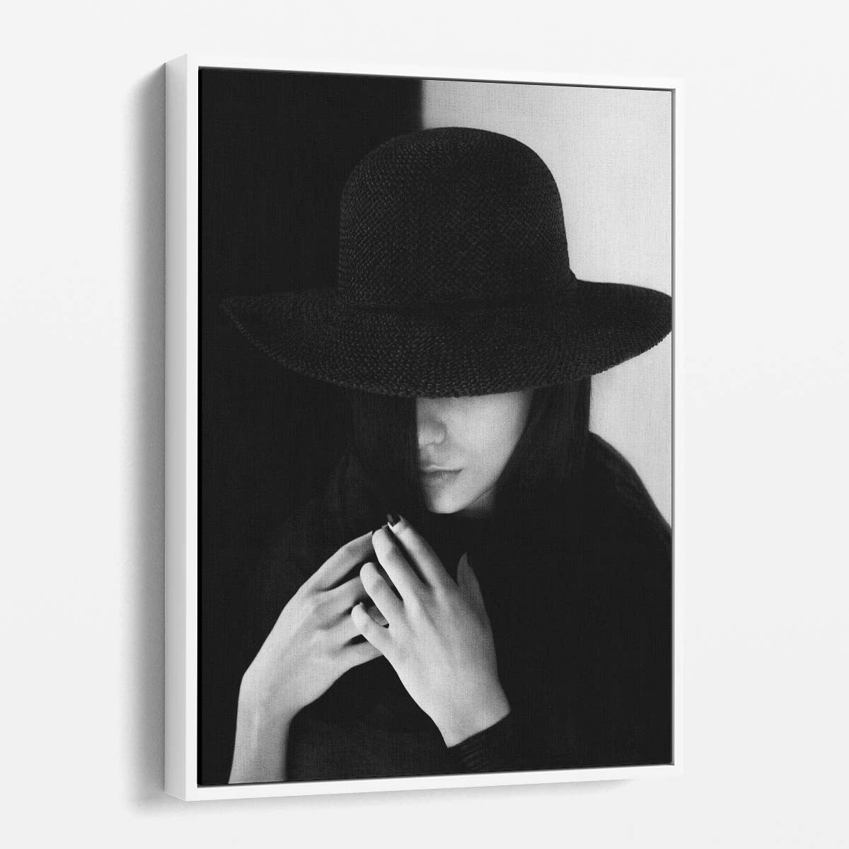 Monochrome Yin-Yang Portrait Photography of Shy Woman with Hat by Luxuriance Designs, made in USA