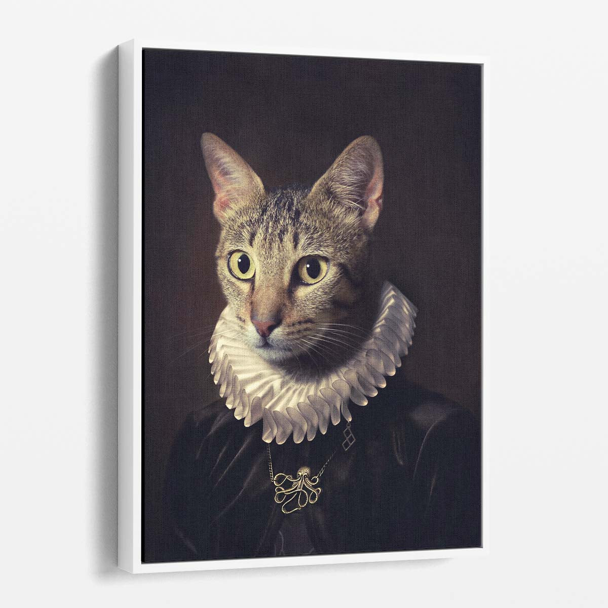 Vintage Renaissance Cat Portrait Photography, Animal Face with Necklace by Luxuriance Designs, made in USA